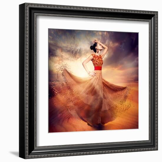 Dancing Fashion Woman Wearing Blowing Long Chiffon Dress-Subbotina Anna-Framed Art Print