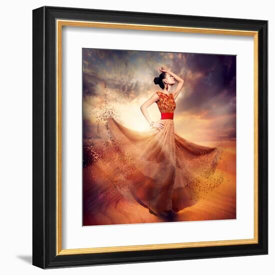 Dancing Fashion Woman Wearing Blowing Long Chiffon Dress-Subbotina Anna-Framed Art Print