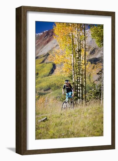 Dane Cronin Rides Through Telluride Ski Resort, San Juan Mts Loom On Horizon. Telluride, Colorado-Dan Holz-Framed Photographic Print