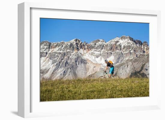 Dane Cronin Rides Through Telluride Ski Resort, San Juan Mts Loom On Horizon. Telluride, Colorado-Dan Holz-Framed Photographic Print