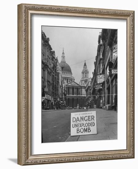 Danger Unexploded Bomb Sign at Cordoned Off Area in Front of St. Paul's Church-Hans Wild-Framed Photographic Print