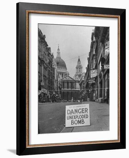 Danger Unexploded Bomb Sign at Cordoned Off Area in Front of St. Paul's Church-Hans Wild-Framed Photographic Print