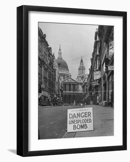 Danger Unexploded Bomb Sign at Cordoned Off Area in Front of St. Paul's Church-Hans Wild-Framed Photographic Print