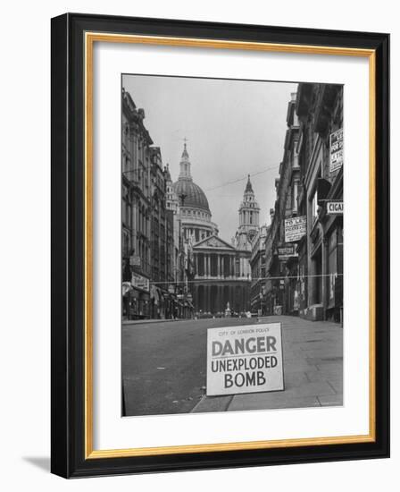 Danger Unexploded Bomb Sign at Cordoned Off Area in Front of St. Paul's Church-Hans Wild-Framed Photographic Print