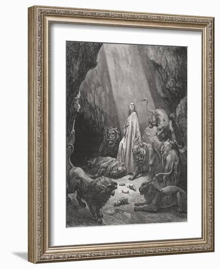 Daniel in the Den of Lions, Daniel 6:16-17, Illustration from Dore's 'The Holy Bible', Engraved…-Gustave Doré-Framed Giclee Print