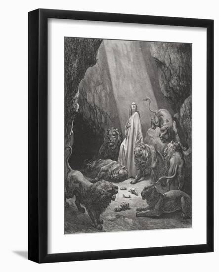 Daniel in the Den of Lions, Daniel 6:16-17, Illustration from Dore's 'The Holy Bible', Engraved…-Gustave Doré-Framed Giclee Print