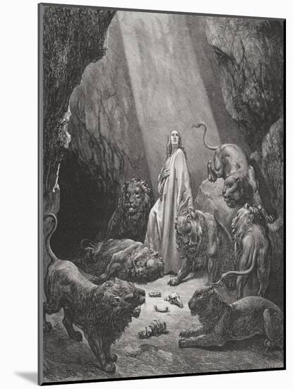 Daniel in the Den of Lions, Daniel 6:16-17, Illustration from Dore's 'The Holy Bible', Engraved…-Gustave Doré-Mounted Giclee Print