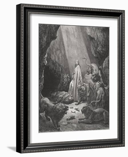 Daniel in the Den of Lions, Daniel 6:16-17, Illustration from Dore's 'The Holy Bible', Engraved…-Gustave Doré-Framed Giclee Print