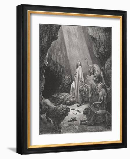 Daniel in the Den of Lions, Daniel 6:16-17, Illustration from Dore's 'The Holy Bible', Engraved…-Gustave Doré-Framed Giclee Print