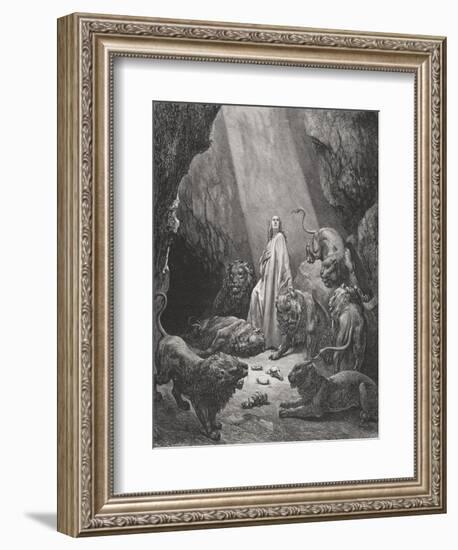 Daniel in the Den of Lions, Daniel 6:16-17, Illustration from Dore's 'The Holy Bible', Engraved…-Gustave Doré-Framed Giclee Print