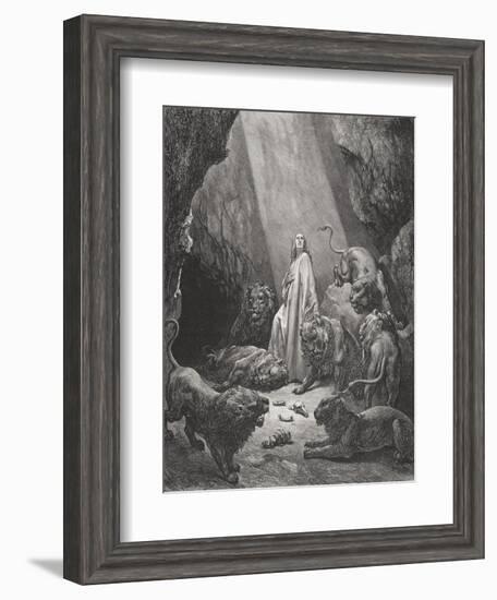 Daniel in the Den of Lions, Daniel 6:16-17, Illustration from Dore's 'The Holy Bible', Engraved…-Gustave Doré-Framed Giclee Print