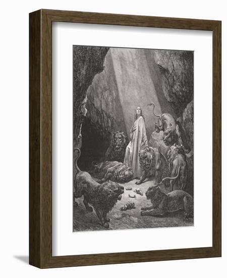 Daniel in the Den of Lions, Daniel 6:16-17, Illustration from Dore's 'The Holy Bible', Engraved…-Gustave Doré-Framed Giclee Print