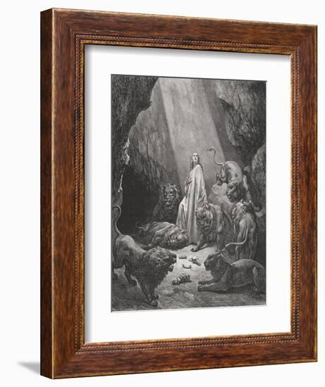 Daniel in the Den of Lions, Daniel 6:16-17, Illustration from Dore's 'The Holy Bible', Engraved…-Gustave Doré-Framed Giclee Print