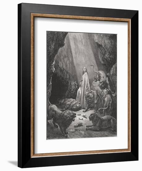 Daniel in the Den of Lions, Daniel 6:16-17, Illustration from Dore's 'The Holy Bible', Engraved…-Gustave Doré-Framed Giclee Print