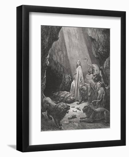 Daniel in the Den of Lions, Daniel 6:16-17, Illustration from Dore's 'The Holy Bible', Engraved…-Gustave Doré-Framed Giclee Print