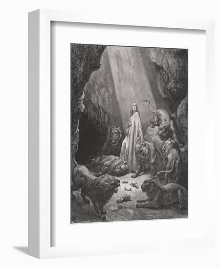 Daniel in the Den of Lions, Daniel 6:16-17, Illustration from Dore's 'The Holy Bible', Engraved…-Gustave Doré-Framed Giclee Print