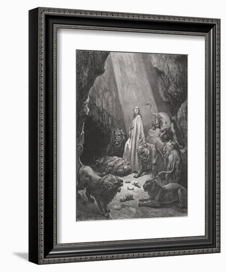 Daniel in the Den of Lions, Daniel 6:16-17, Illustration from Dore's 'The Holy Bible', Engraved…-Gustave Doré-Framed Giclee Print