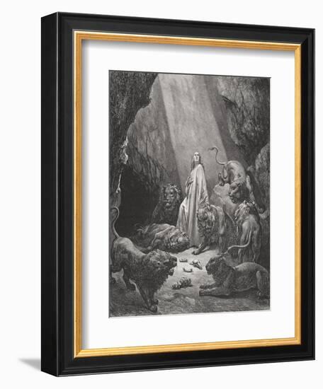 Daniel in the Den of Lions, Daniel 6:16-17, Illustration from Dore's 'The Holy Bible', Engraved…-Gustave Doré-Framed Giclee Print
