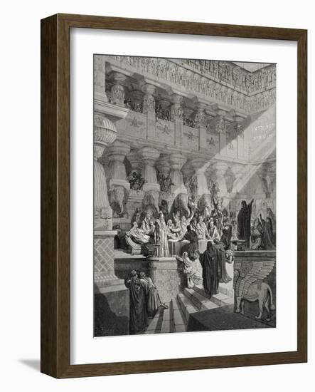 Daniel Interpreting the Writing on the Wall, Daniel 5:25-28, Illustration from Dore's 'The Holy…-Gustave Doré-Framed Giclee Print