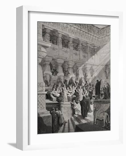 Daniel Interpreting the Writing on the Wall, Daniel 5:25-28, Illustration from Dore's 'The Holy…-Gustave Doré-Framed Giclee Print