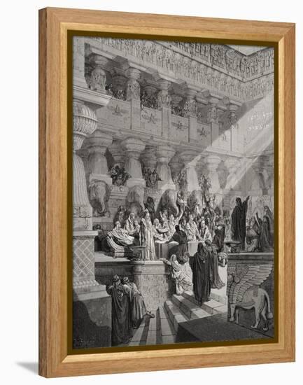 Daniel Interpreting the Writing on the Wall, Daniel 5:25-28, Illustration from Dore's 'The Holy…-Gustave Doré-Framed Premier Image Canvas