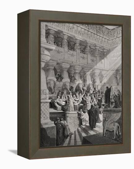 Daniel Interpreting the Writing on the Wall, Daniel 5:25-28, Illustration from Dore's 'The Holy…-Gustave Doré-Framed Premier Image Canvas