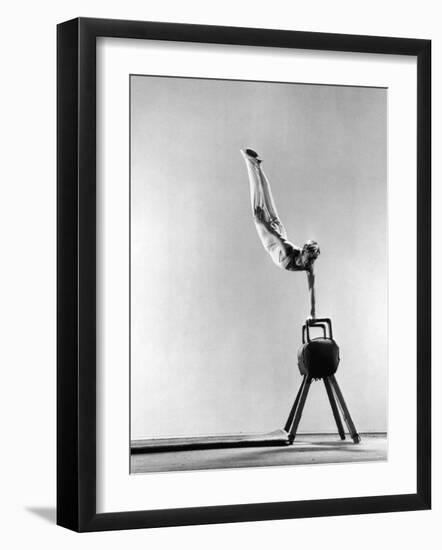 Danish Gymnastics Champion Hans Elmann Executing High Front Vault-Gjon Mili-Framed Photographic Print