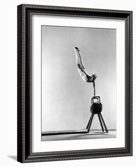 Danish Gymnastics Champion Hans Elmann Executing High Front Vault-Gjon Mili-Framed Photographic Print