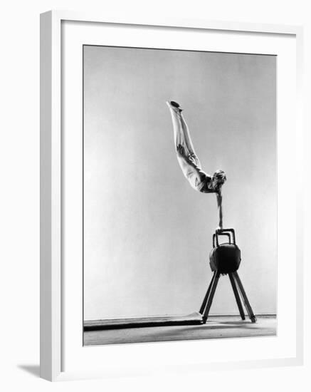 Danish Gymnastics Champion Hans Elmann Executing High Front Vault-Gjon Mili-Framed Photographic Print