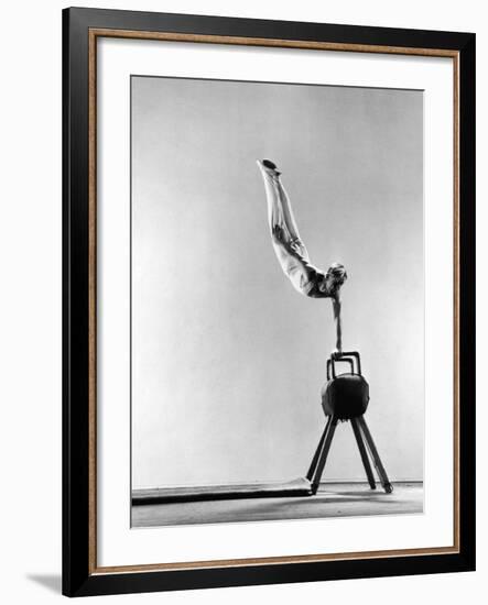 Danish Gymnastics Champion Hans Elmann Executing High Front Vault-Gjon Mili-Framed Photographic Print