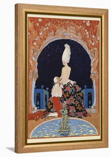 Dans la Grotte A man kneeling before a half naked woman, by a fountain-Georges Barbier-Framed Premier Image Canvas