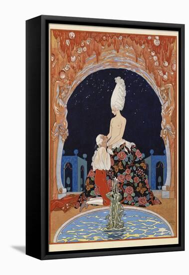 Dans la Grotte A man kneeling before a half naked woman, by a fountain-Georges Barbier-Framed Premier Image Canvas