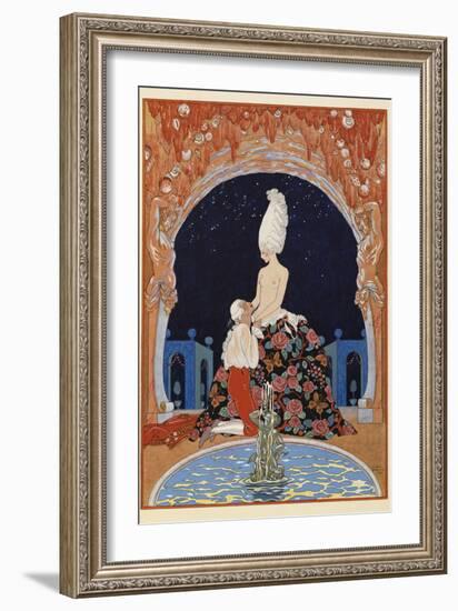 Dans la Grotte A man kneeling before a half naked woman, by a fountain-Georges Barbier-Framed Giclee Print