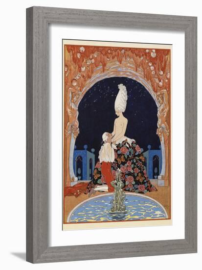 Dans la Grotte A man kneeling before a half naked woman, by a fountain-Georges Barbier-Framed Giclee Print