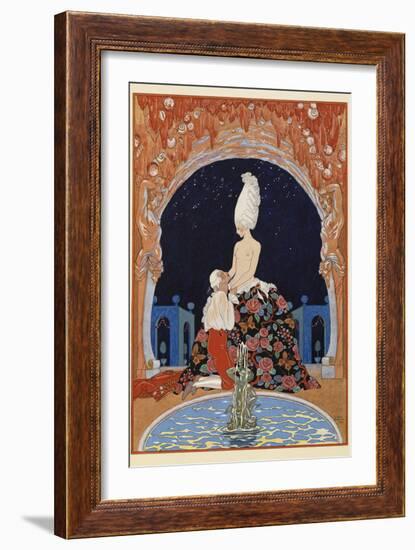 Dans la Grotte A man kneeling before a half naked woman, by a fountain-Georges Barbier-Framed Giclee Print