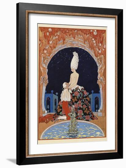 Dans la Grotte A man kneeling before a half naked woman, by a fountain-Georges Barbier-Framed Giclee Print