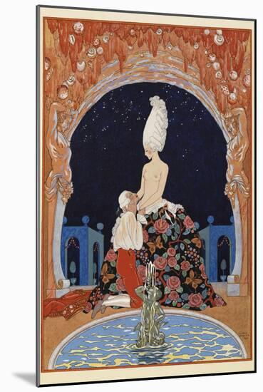 Dans la Grotte A man kneeling before a half naked woman, by a fountain-Georges Barbier-Mounted Giclee Print