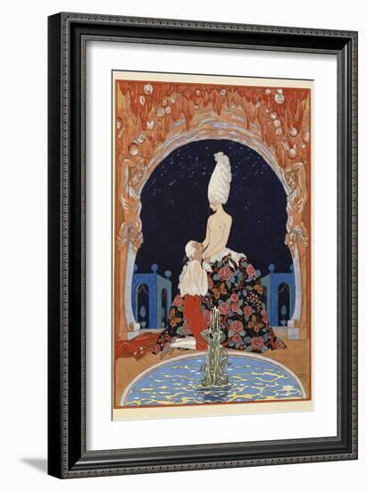 Dans la Grotte A man kneeling before a half naked woman, by a fountain-Georges Barbier-Framed Giclee Print