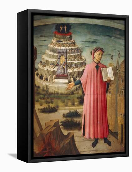 Dante Alighieri with Divine Comedy in His Hand and Mountains of Purgatory in Background-Dante Alighieri-Framed Premier Image Canvas