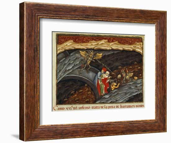 Dante and Virgil in Pit of Swindlers, Inferno, Canto XXI, Miniature from Divine Comedy-Dante Alighieri-Framed Giclee Print