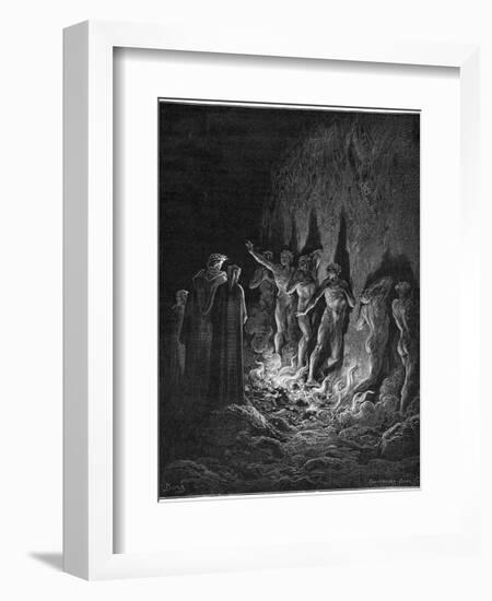 Dante and Virgil Watch as the Procession of the Damned Walk Barefoot Through the Flames of Hell-Gustave Dor?-Framed Photographic Print