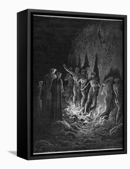 Dante and Virgil Watch as the Procession of the Damned Walk Barefoot Through the Flames of Hell-Gustave Dor?-Framed Premier Image Canvas