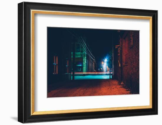 Dark Alley and Light Trails in Hanover, Pennsylvania at Night.-Jon Bilous-Framed Photographic Print