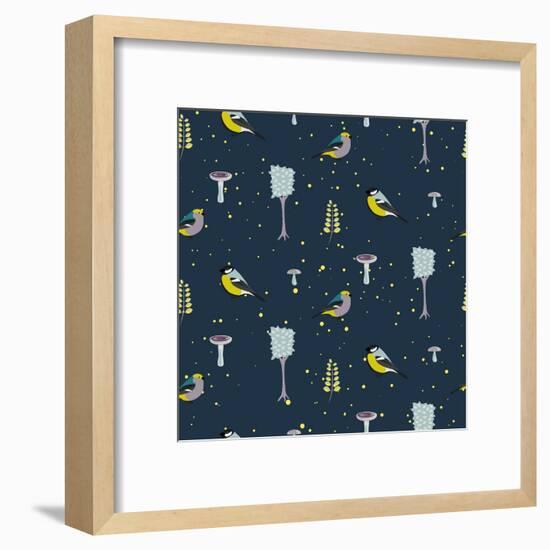 Dark Blue Forest Seamless Pattern with Birds. Trees and Mushrooms Night Forest Background.-YoPixArt-Framed Art Print