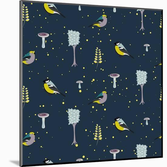 Dark Blue Forest Seamless Pattern with Birds. Trees and Mushrooms Night Forest Background.-YoPixArt-Mounted Art Print