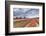 Dark Clouds over Fields of Multicolored Tulips and Windmill, Netherlands-Roberto Moiola-Framed Premium Photographic Print