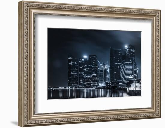 Dark Night Navy Blue Cityscape Building and Mirror on Water Background-Kawin Ounprasertsuk-Framed Photographic Print