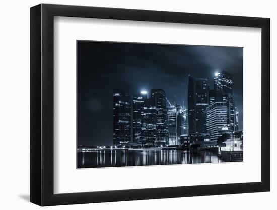 Dark Night Navy Blue Cityscape Building and Mirror on Water Background-Kawin Ounprasertsuk-Framed Photographic Print