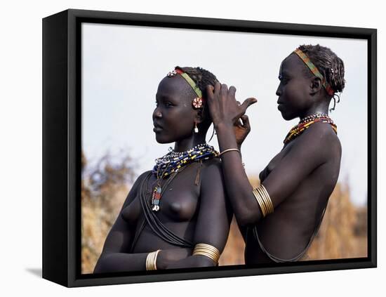 Dassanech Girl Braids Her Sister's Hair at Her Village in the Omo Delta-John Warburton-lee-Framed Premier Image Canvas