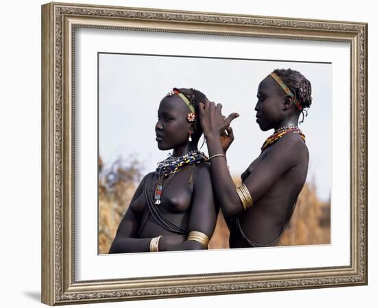 Dassanech Girl Braids Her Sister's Hair at Her Village in the Omo Delta-John Warburton-lee-Framed Photographic Print